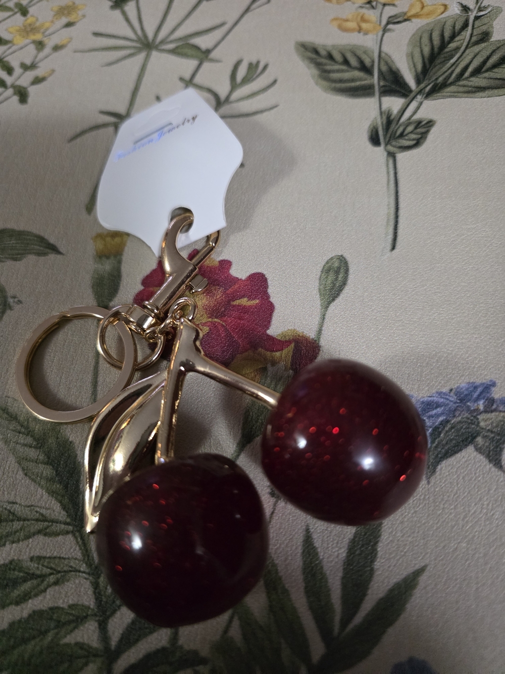 Fashion Jewelry Gold-Tone Cherry Keychain with Deep Red Glitter Charms